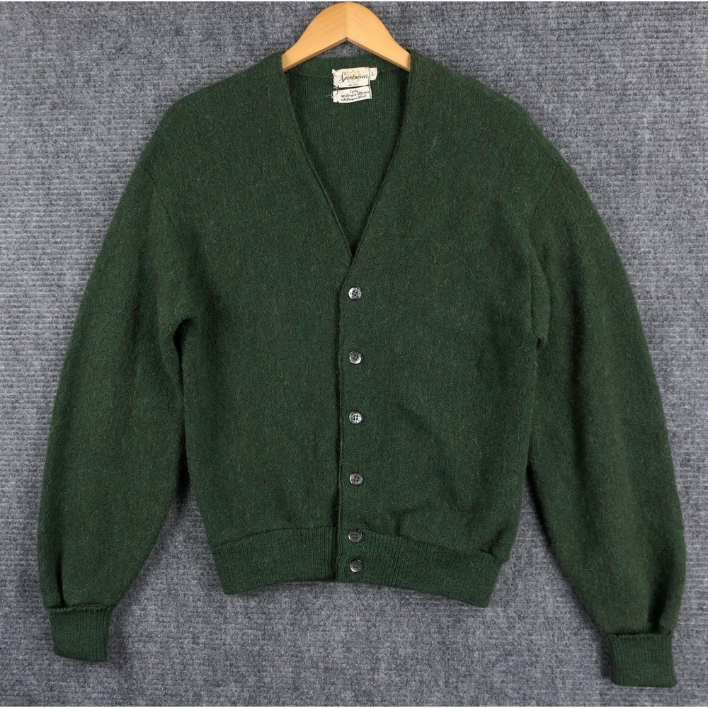 VTG 60s Sportswear Alpaca Wool Cardigan Sweater Green Grunge Cobain Fuzzy Rare